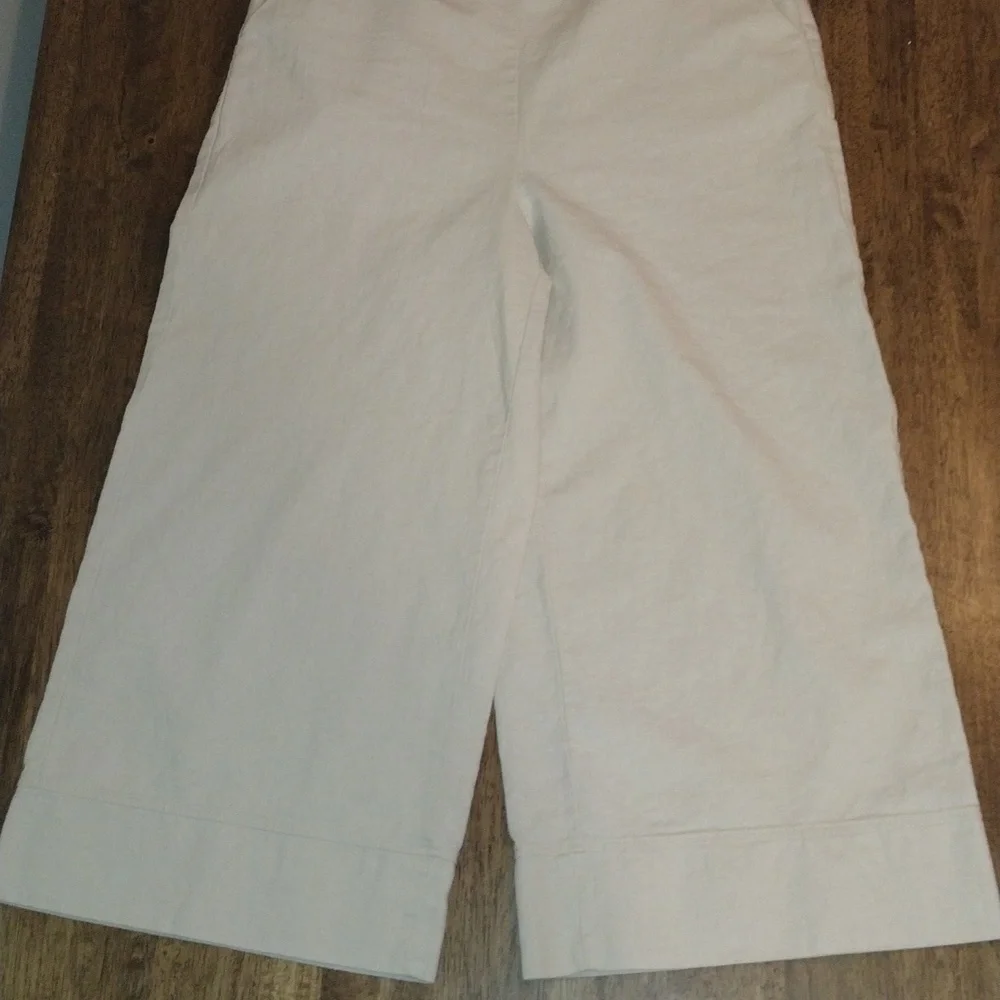 Joie Cream Wide Leg Cropped Pull On Elastic Waist Linen Blend Pants Lagenlook L